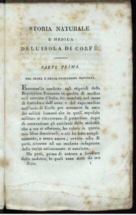 Storia Naturale E Medica Dell' Isola Di Corfù. Parte Prima.