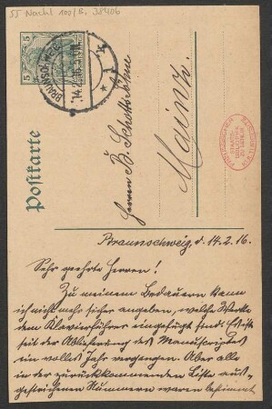 Brief an B. Schott's Söhne : 14.02.1916