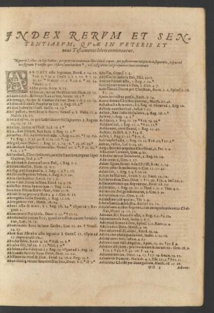 Index Rervm Et Sententiarvm, Qvae In Veteris Et noui Testamenti libris continentur.