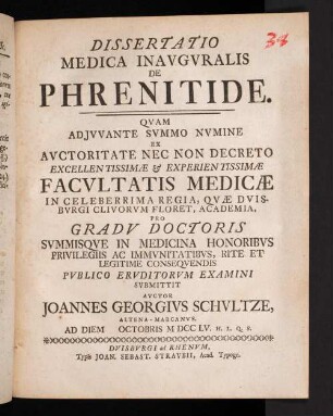 Dissertatio Medica Inavgvralis De Phrenitide