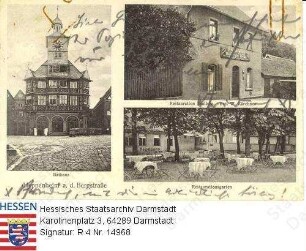 Heppenheim an der Bergstraße, Rathaus und Restauration Saalbau (Besitzer Wilhelm Kärchner) - Außenansicht und Biergarten