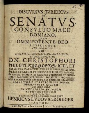 Discursus Iuridicus De Senatusconsulto Macedoniano