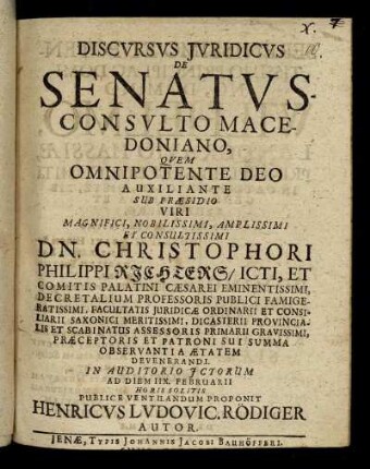 Discursus Iuridicus De Senatusconsulto Macedoniano