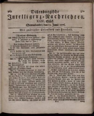 XXIV. Stück: Sonnabends: den 15. Junii 1776.