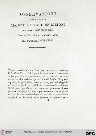 5: Osservazioni intorno alcune antiche iscrizioni che sono o fuorno già in Napoli : lette all'Accademia nell'anno 1840