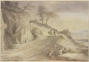 Weg über einen Hügel mit einem Mann zu Fuß und einer Frau auf einem Esel, vorne eine lagernde Gruppe von vier Figuren