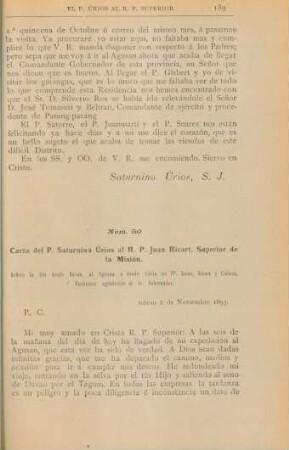 Núm. 50. Carta del P. Saturnino Úrios al R. P. Juan Ricart, Superior de la Misión