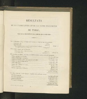 Résultats de la fabrication et de la vente exclusives du tabac, tels qu'ils ressortent des comptes de l'année 1860.