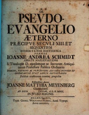 De pseudo-evangelio aeterno, praecipue seculi XIII. et sequentium dissertatio historica