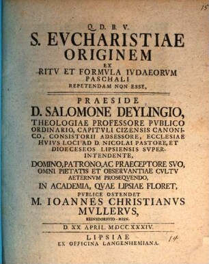S. Eucharistiae originem ex ritu et formula Iudaeorum paschali repetendam non esse