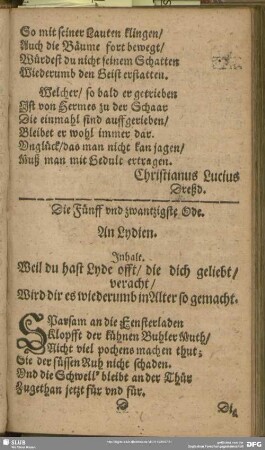Die Fünff und zwantzigste Ode. An Lydien