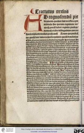 Iste est tertius tractatus predicamentorum magistri Petri Hyspani, in quo postquam in precedenti determinavit de dicibili incomplexo in ratione universalis predicabilis...