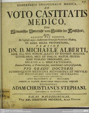 Dissertatio Inauguralis Medica De Voto Castitatis Medico ...