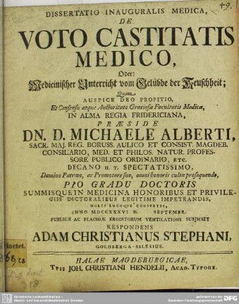 Dissertatio Inauguralis Medica De Voto Castitatis Medico ...