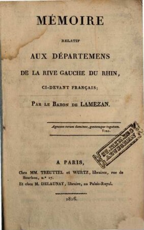 Mémoire relatif aux départemens de la rive gauche du Rhin, ci-devant Français