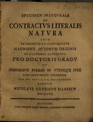 Specimen Inaugurale De Contractus Literalis Natura
