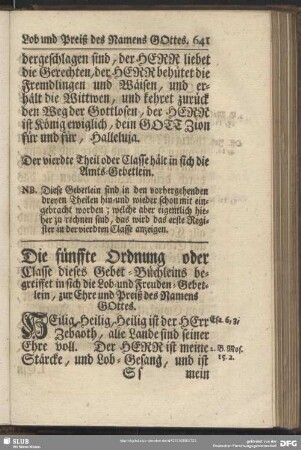 Die fünffte Ordnung oder Classe dieses Gebet-Büchleins begreiffet in sich die Lob-und Freuden-Gebetlein , zur Ehre und Preiß des Namens GOttes