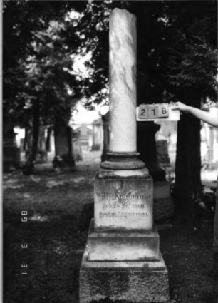 Grabstein 218 (Index: 100089669) Material: Marmor Zustand: abgebrochene Säule Maße HxBxT: 230x67xo.A. cm Beschreibung: abgebrochene Säule: Grabstein 218