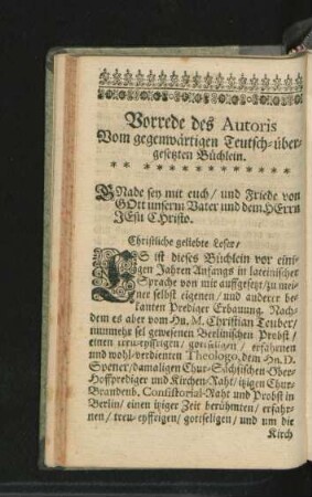 Vorrede des Autoris Vom gegnwärtigen Teutsch-übergesetzten Büchlein.