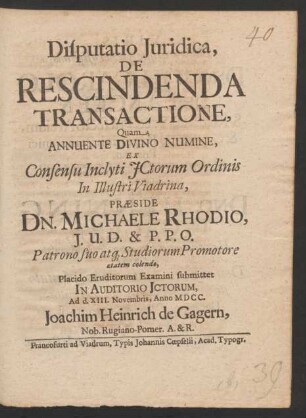 Disputatio Iuridica, De Rescindenda Transactione