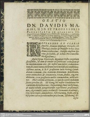 Oratio DN. Davidis Magiri, U. J. D. Et Professoris Pandectarum