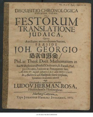 Disquisitio Chronologica Exhibens Thema De Festorum Translatione Judaica
