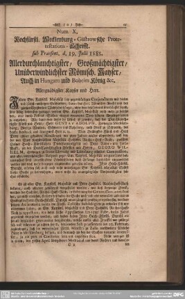 Num. X. Hochfürstl. Mecklenburg- Güstrowsche Protestations- Schrifft. sub Praesent. d. 19. Julii 1685.