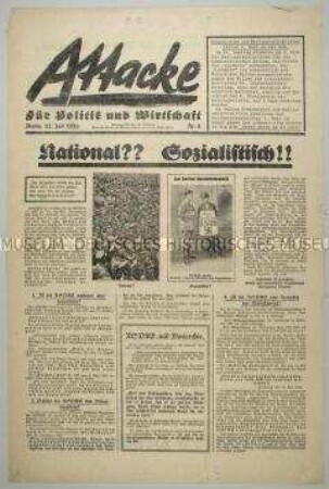 Deutschnationale Wahlzeitung "Attacke" aus dem Vorfeld der Reichstagswahl vom 31. Juli 1932