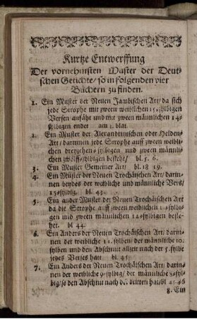 Kurtze Entwerffung Der vornehmsten Muster der Deutschen Getichte/ so in folgenden vier Büchern zu finden