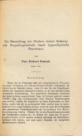 Ueber die Darstellung der Flächen vierter Ordnung mit Doppel kegelschnitt durch hyperelliptische Functionen