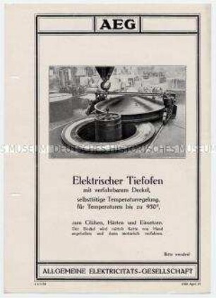 Elektrischer Tiefofen mit verfahrbarem Deckel, selbsttätige Temperaturregelung bis zu 950 Grad