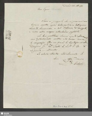 Eigenhändiger Brief an einen Musikalienhändler - Mscr.Dresd.Aut.2845
