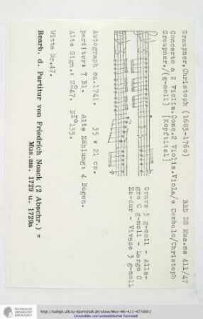 Concerto a 2 Violin. Conc. 2 Violin. Viola / e Cembalo / Christoph Graupner.