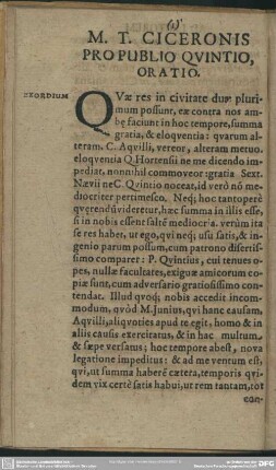 M. T. Ciceronis Pro Publio Quintio, Oratio