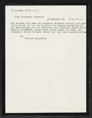 Brief von Gerhart Hauptmann an Adelheid Andree