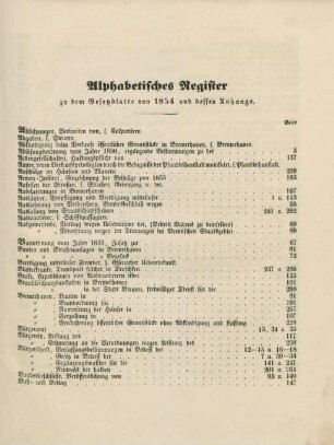 Alphabetisches Register zu dem Gesetzblatte von 1854 und dessen Anhange