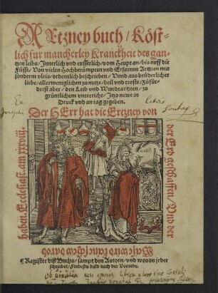 Artzney buch, Köstlich fur mancherley Kranckheit des gantzen leibs, Jnnerlich vnd eusserlich, vom Heupt an, bis auff die Füsse : Von vielen Hochberümpten vnd Erfarnen Artzten mit sonderm vleis, ordentlich beschrieben ...