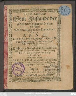 Christliche Leichpredigt/ ... Bey ... Frawen Annae ... Zimmermans ... Welche den 5. Junii dieses 1613. Jahrs ... entschlaffen ...