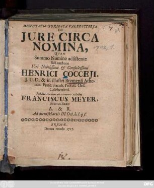 Disputatio Juridica Valedictoria De Jure Circa Nomina