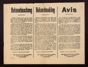 "Bekanntmachung". Ahndung des wucherischen Kartoffelhandels im besetzten Gebiet Belgiens