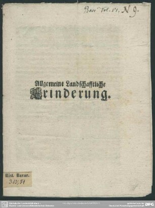 Allgemeine Landschafftliche Erinderung : [Actum München den 2. Januarij 1706]