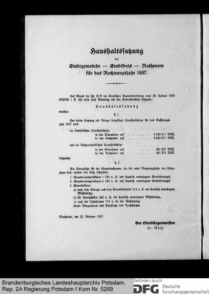 Haushaltssatzung und Haushaltsplan der Stadt Rathenow für das Rechnungsjahr 1937