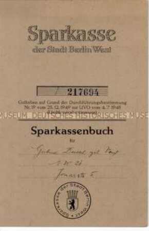 Sparbuch der Berliner Sparkasse von Gertrud Dudel - Familienkonvolut