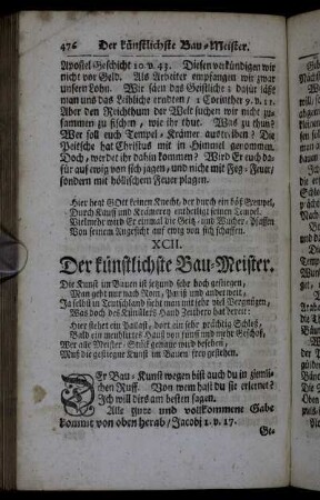 XCII. Der künstlichste Bau-Meister. - XCVI. Die heßlichen Masquen auf dem heutigen Welt-Carneval.
