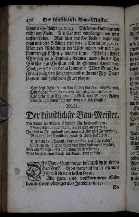 XCII. Der künstlichste Bau-Meister. - XCVI. Die heßlichen Masquen auf dem heutigen Welt-Carneval.