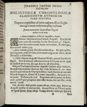 Pars secunda: Joannis Jacobi Frisii Tigurini Bibliothecae Chronologicae Classicorum Authorum Pars .... Pars secunda