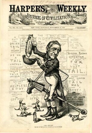 "Still hunt"-ing. The end of the Saratoga fox-hunt - a tale of reform : Gouverneur Tilden sitzt als Reiter auf einem Steckenpferd und zieht aus seiner Mütze einen Fuchsschwanz hervor