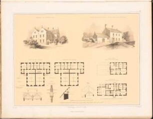 Schulhaus, Königswinter und Pastor- und Kaplan-Wohnung auf St. Mauritz, Münster: Perspektivische Ansichten, Grundrisse 1.OG, 2.OG, Querschnitt, Details (aus: Entwürfe zu Kirchen, Pfarr- und Schulhäusern, hrsg. von der Kgl. Preuß. Oberbaudeputation, 1845-1855)