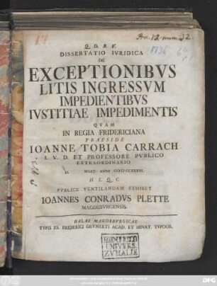 Dissertatio Ivridica De Exceptionibvs Litis Ingressvm Impedientibvs Ivstitiae Impedimentis