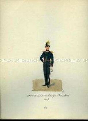 Uniformdarstellung, Oberleutnant des 3. Schützen-Bataillons. Aus: Sammelmappe "Sachsens Militär", Königliche Arsenalsammlung.